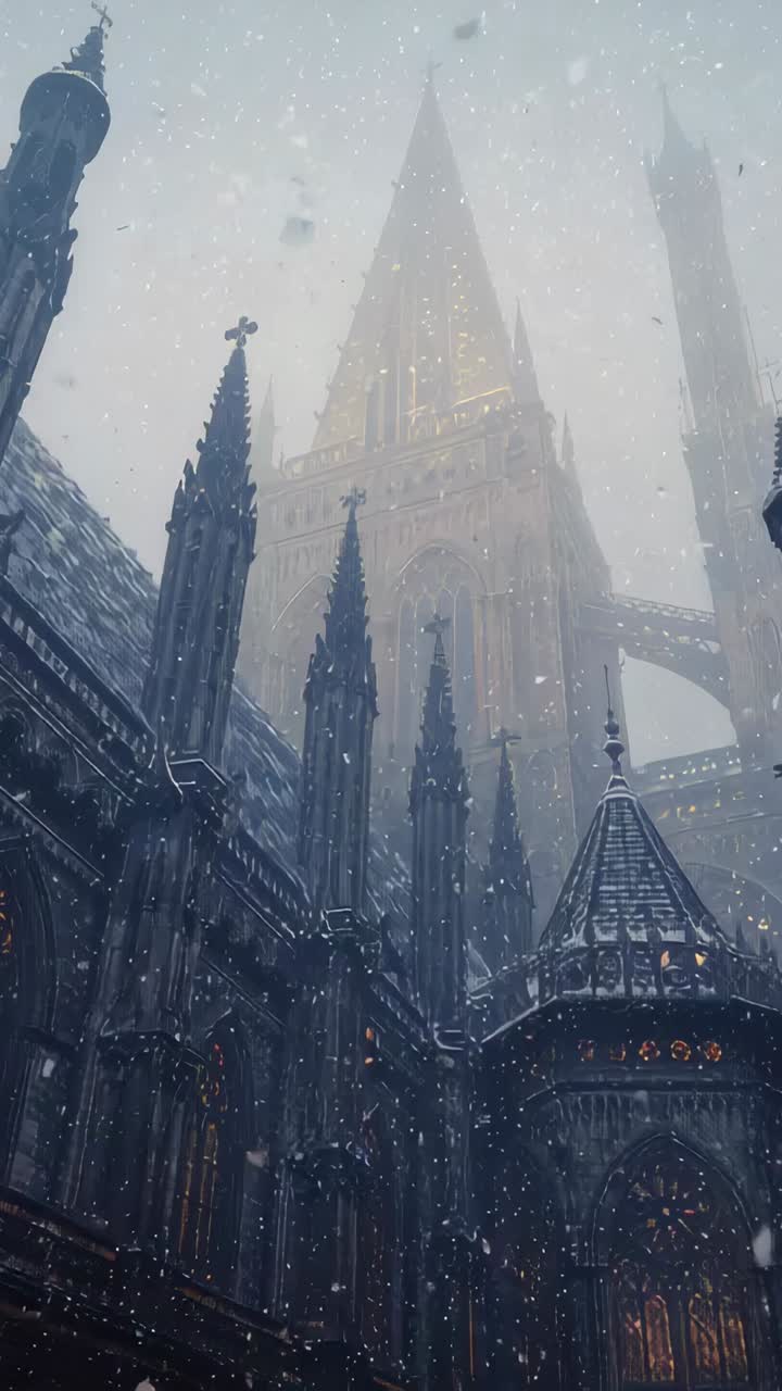 Vertical video: Tilting camera revealing cathedral nave, exposing upper spire, rose glow and snow