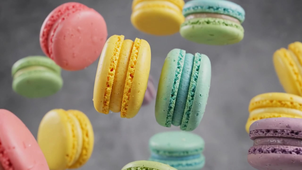A Colorful Array of Macarons Floating Elegantly in Mid-Air, Showcasing Their Unique Shapes, Textures, and Vibrant Pastel Colors Against a Soft Gray Background