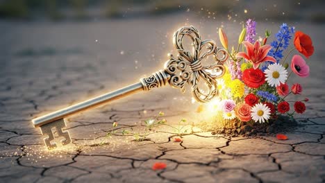 an enchanted key surrounded by a vibrant floral explosion on a dry, cracked earth - a symbol of hope and beauty amidst a harsh landscape