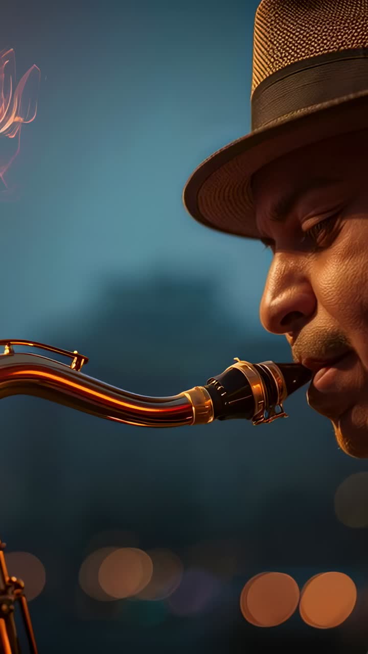 Video verticale: musicista con fedora e giacca che suona il sassofono tenore su un tetto al crepuscolo, spazio per il testo