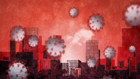 animation of covid 19 cells floating over cityscape on red background