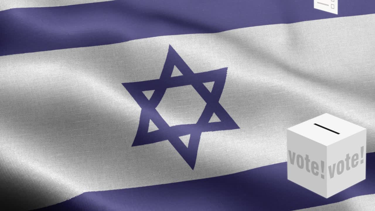 Schede elettorali che volano verso l'urna per le elezioni in Israele - Urna elettorale davanti alla bandiera - Elezioni - Voto - Bandiera di Israele - Bandiera di Israele ad alto dettaglio - Elementi a onda della bandiera nazionale di Israele con pattern ripetibile in loop - Texture del tessuto e loop infinito