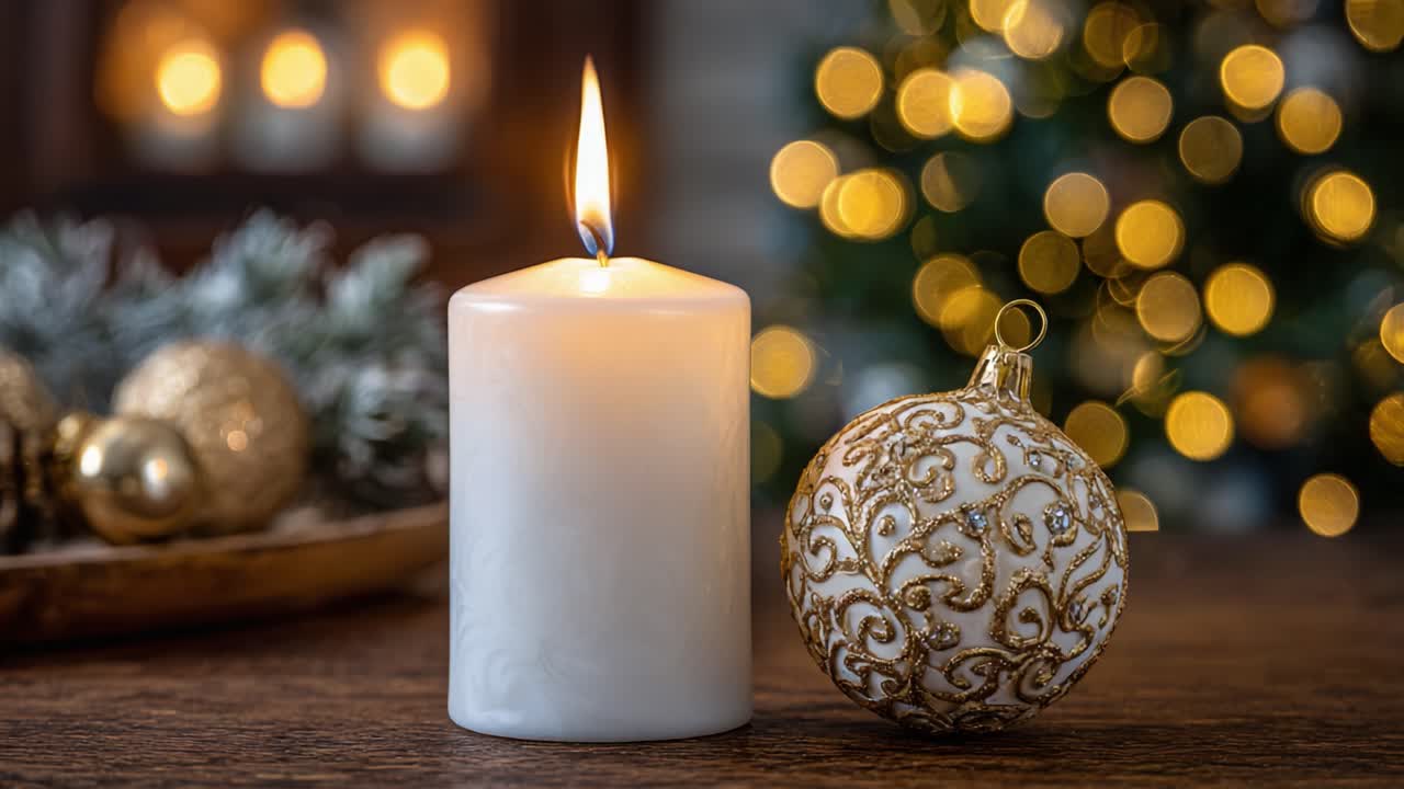 A beautifully arranged scene featuring a glowing candle and an ornate ornament beside it, capturing the warmth and sparkle of a cozy festive atmosphere
