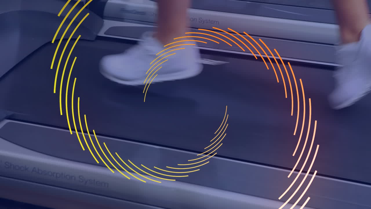 Animation of orange line spiral rotating over athlete running on treadmill