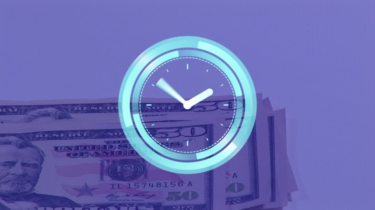 Animación de reloj brillante que destaca la economía global con dólares sobre un fondo azul.