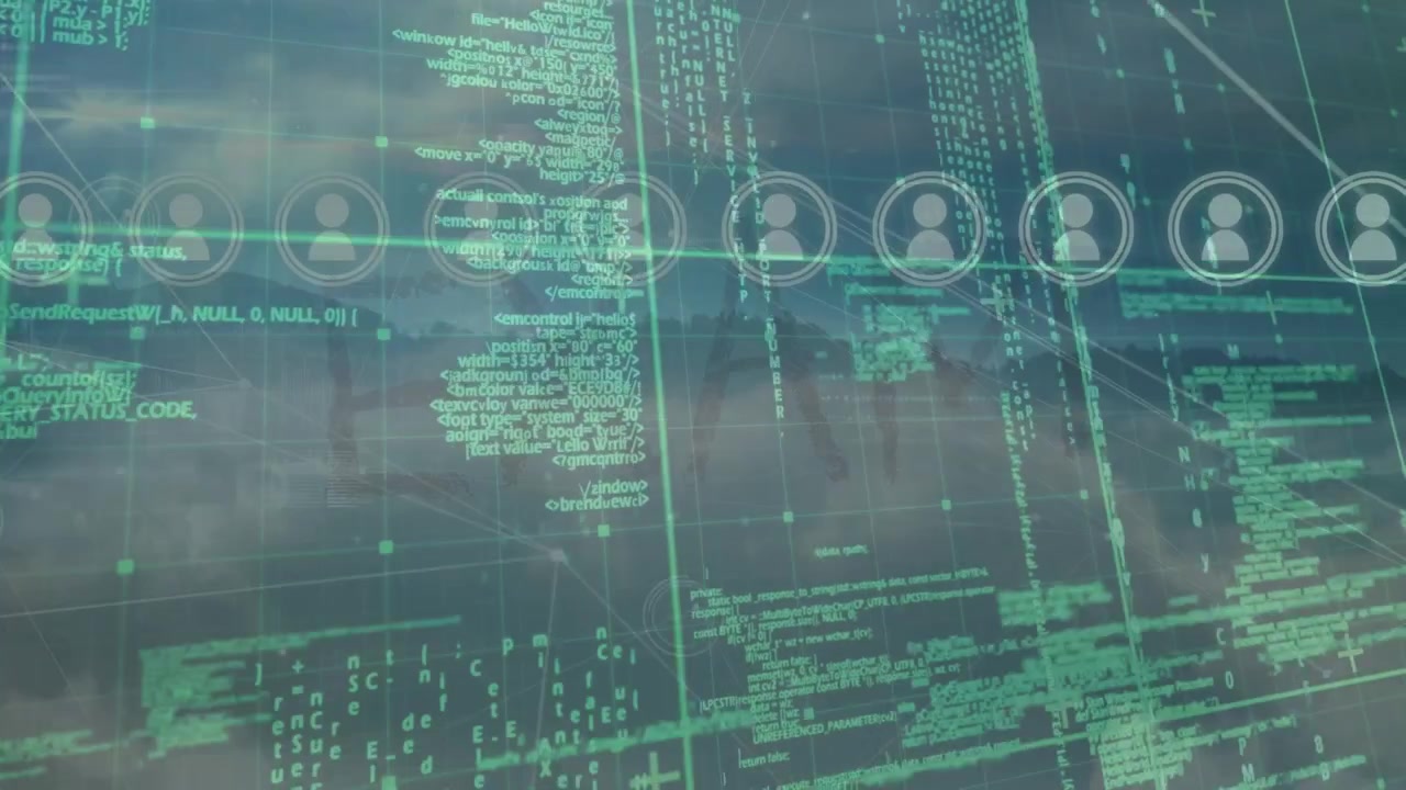 Digital Data Streams and Network Connections Overlaid on Cloud Background