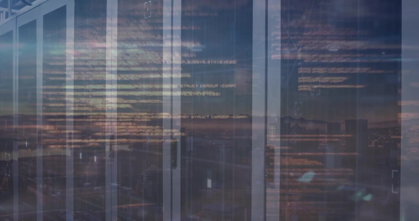 Animation of data processing and cityscape over server room