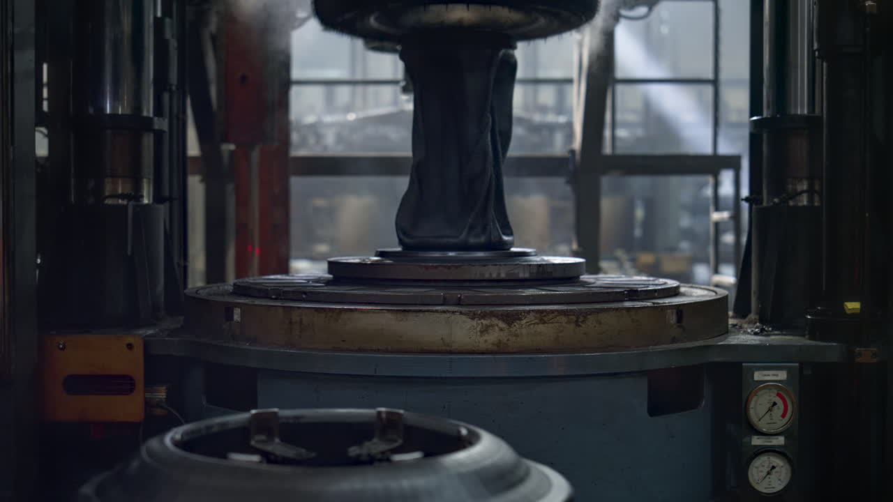 제조 중인 새로운 고무 제품을 만드는 공장 타이어 생산 메커니즘