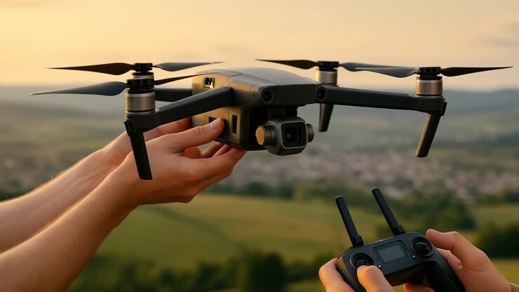 Primo piano di mani che tengono un drone e il controller, mentre riprendono video aerei.