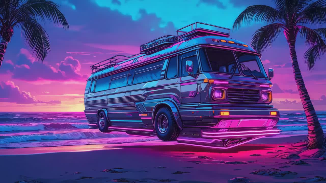 Furgone Retrò al Neon su una Spiaggia Tropicale al Tramonto