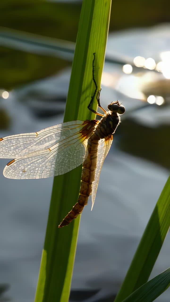 Dragonfly perched on reed