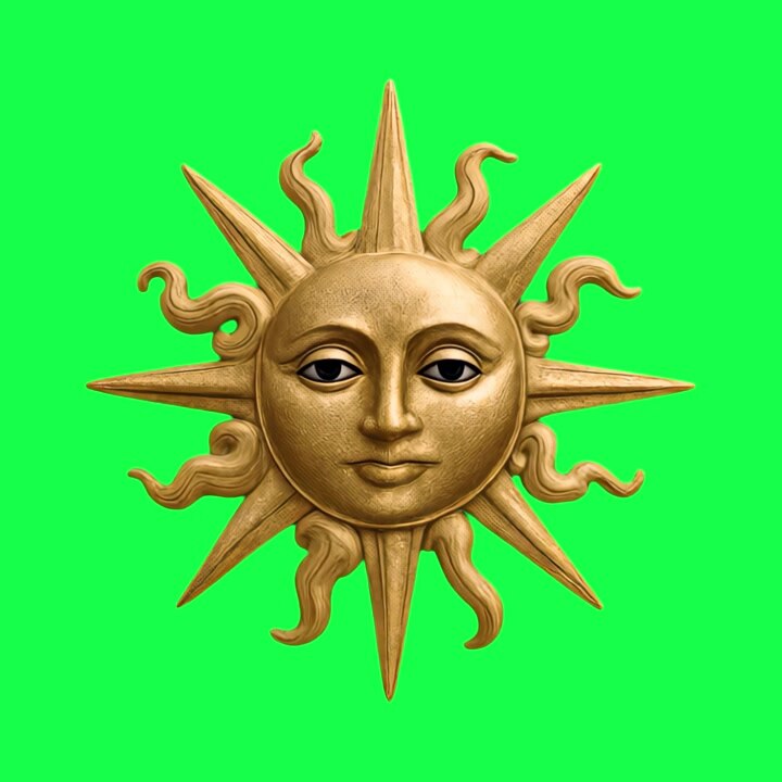 Escultura de rosto de sol dourado com raios animados em tela verde