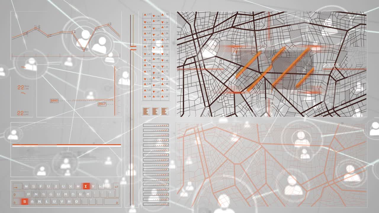 Dashboard lighting from node pulse, maps marking corridors, avatars linking to show network flow