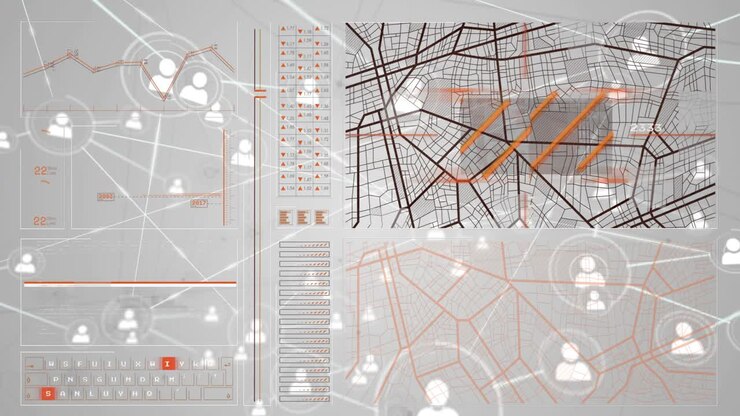 Dashboard lighting from node pulse, maps marking corridors, avatars linking to show network flow