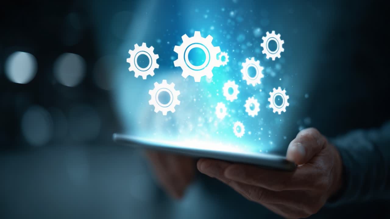 A User Interacting with Technology: Visualizing Data Processing through Gears and Digital Elements on a Tablet Screen