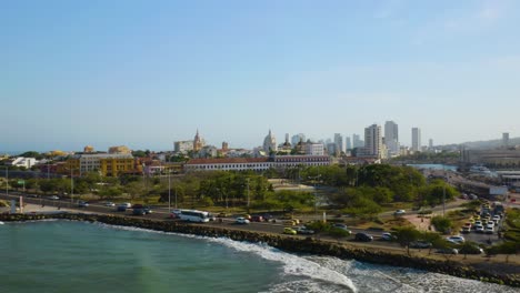 Low-Aerial-Shot-Approaching-Walled-Old-City-of-Cartagena