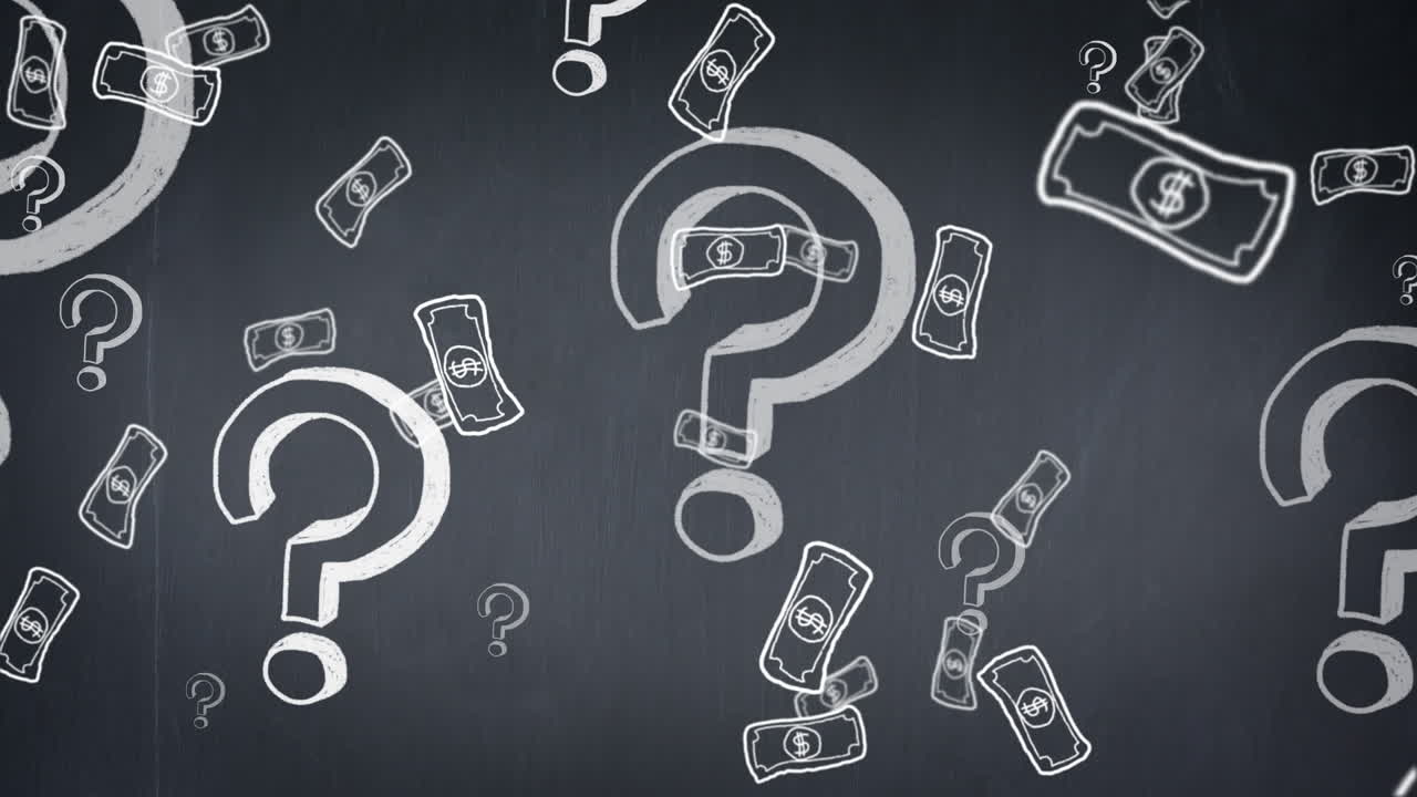 animación de signos de interrogación e íconos de dólares en fondo gris