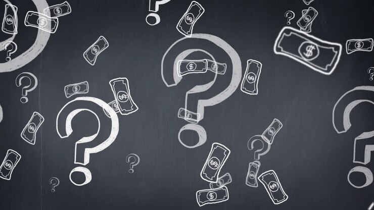 Animation of question marks and dollar icons on grey background