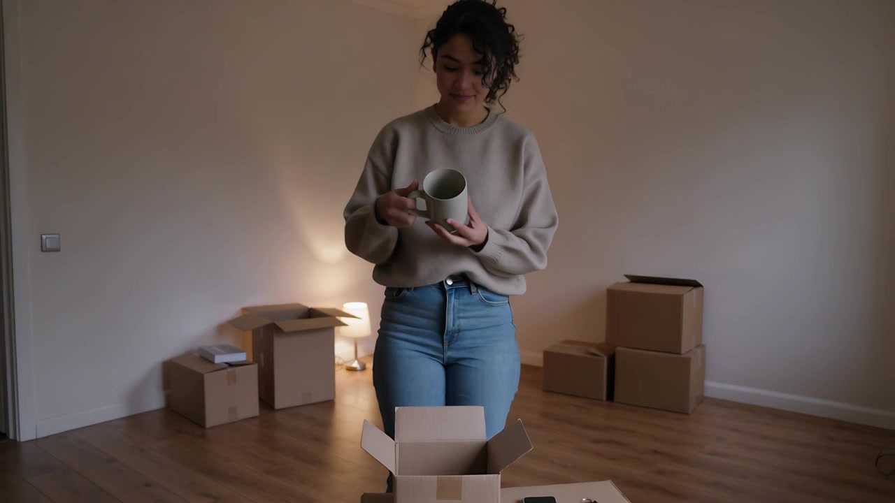 Opening woman in beige sweater unpacking after move in home, lifting ceramic mug, phone and keys