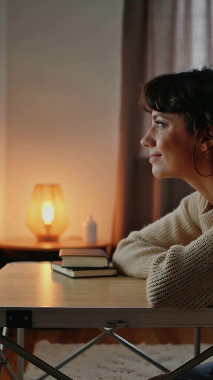 Vertical video: Leaning, smiling woman at home table in knit sweater, notebooks, lamp, copy space