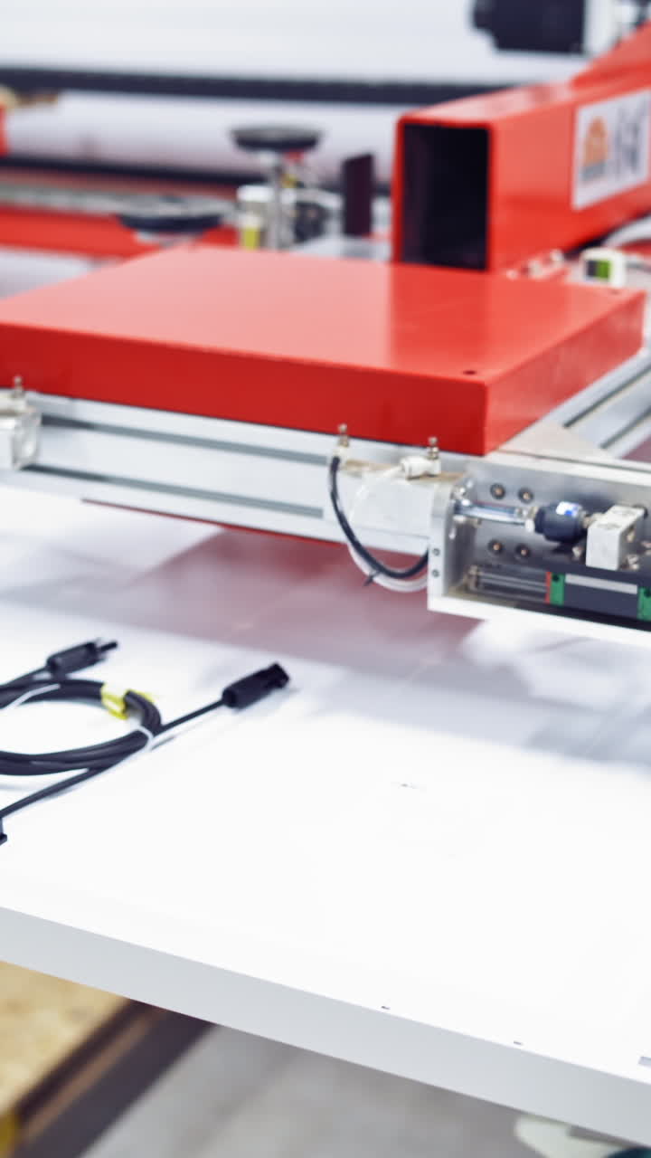 production of solar panels, Industrial robot working in factory,Conveyor Tracking Controler of robotic hand. Assembly line at plant. Process closeup video. Vertical video