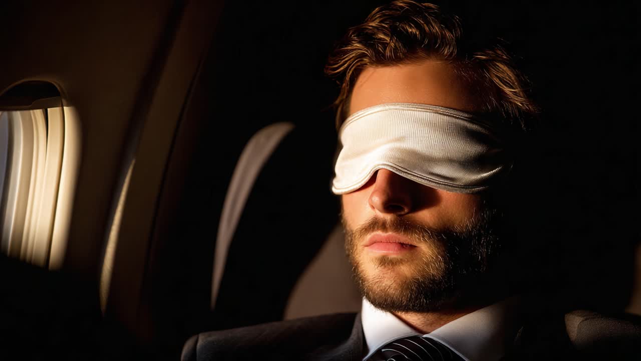 A Relaxing Journey: A Stylish Man Wearing a Sleep Mask as He Enjoys Comfort and Serenity During a Plane Flight Next to the Window