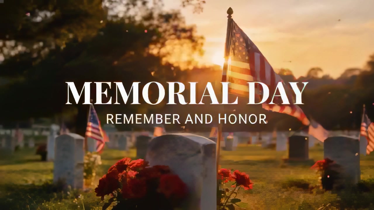 Sun moving flag waving, white headstone, red blooms military cemetery, MEMORIAL DAY REMEMBER and HON