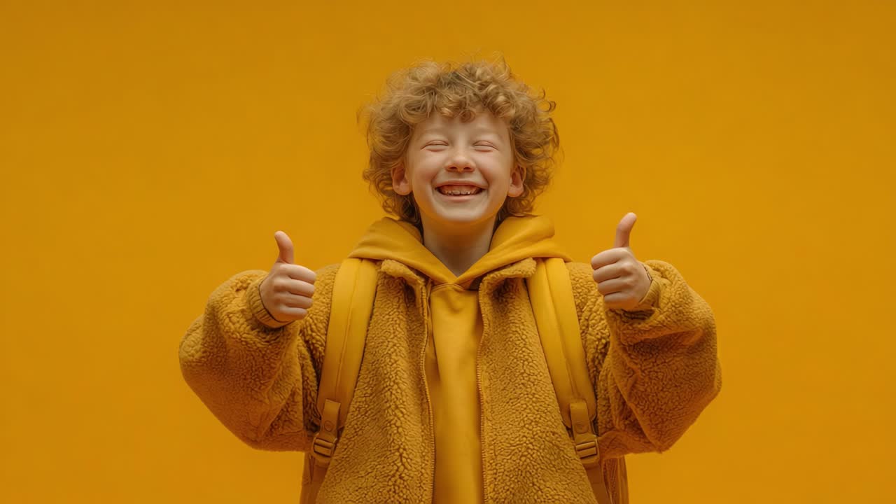 Een vrolijk kind met krullend haar, een comfortabele gele hoodie en rugzak, die enthousiast twee duimen omhoog steekt tegen een levendige gele achtergrond