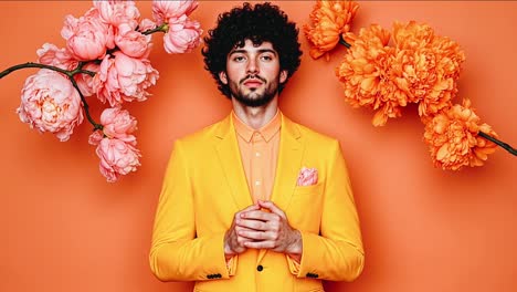 man in yellow suit with pink peonies