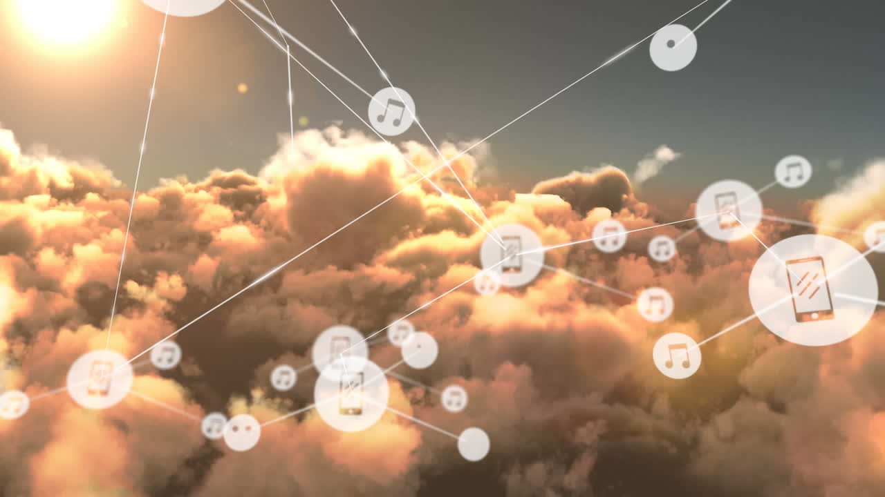animación de la red de conexiones con iconos sobre nubes en el cielo