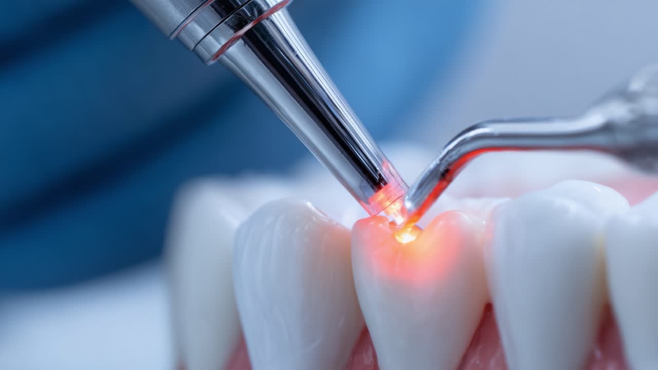 A Close-Up of Modern Dental Technology in Action: Utilizing Laser Treatment for Precision Care on a Patient's Teeth