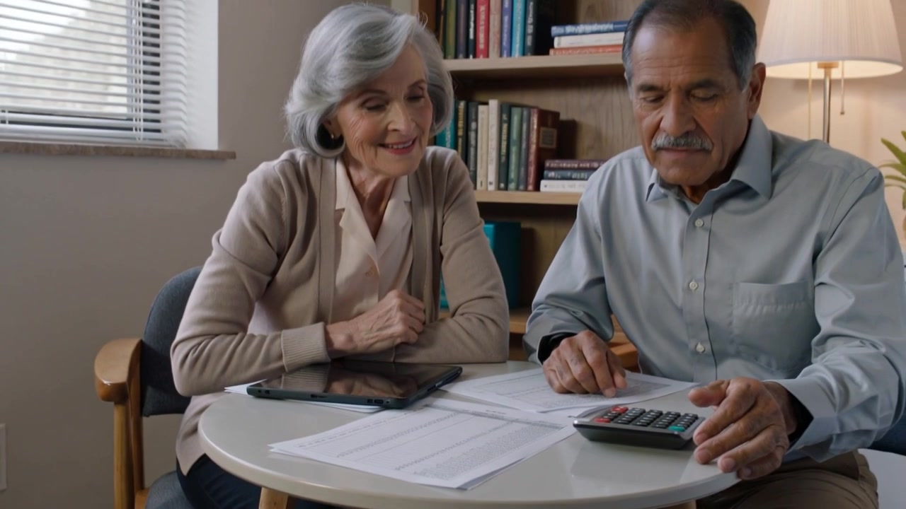 Mulher idosa de cardigan arrumando os lençóis em casa, enquanto um homem calcula na calculadora revisando as finanças.