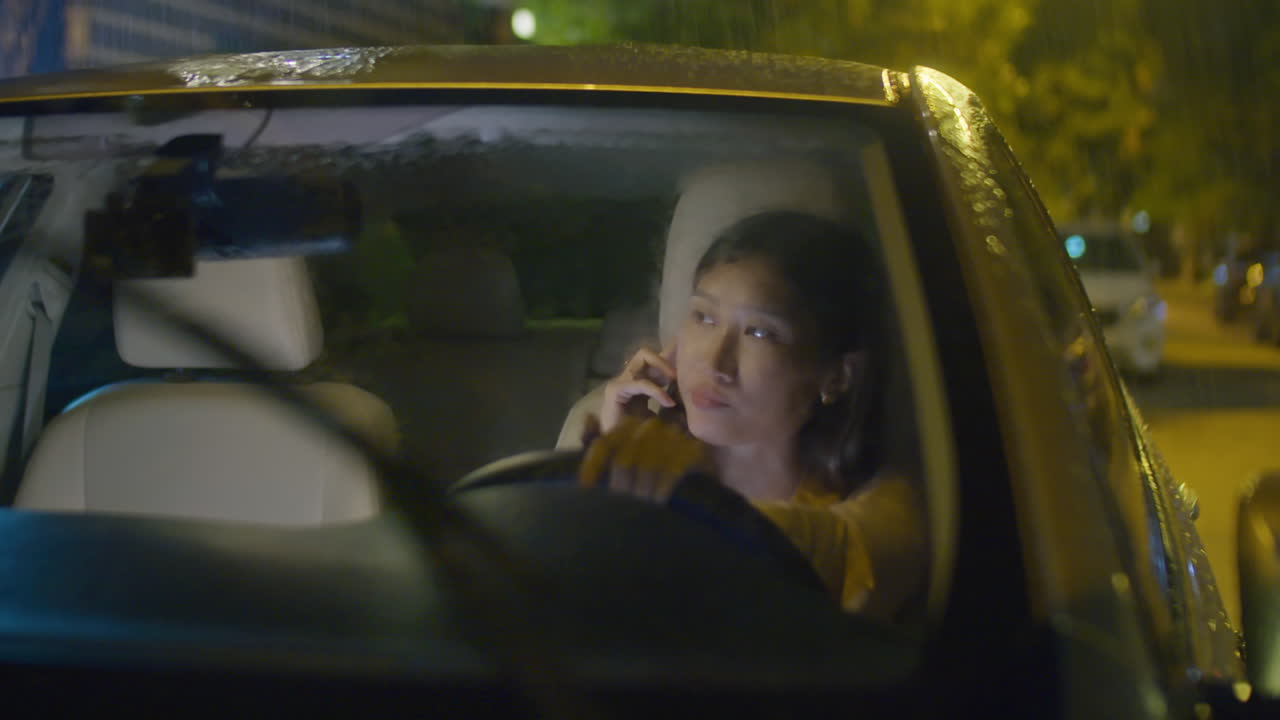 Asian Businesswoman Talking on Phone in Car at Rainy Night