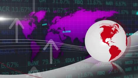 Animation-Von-Globus,-Aufwärtspfeil,-Zahlen,-Karte-Und-Handelstafel-Auf-Schwarzem-Hintergrund