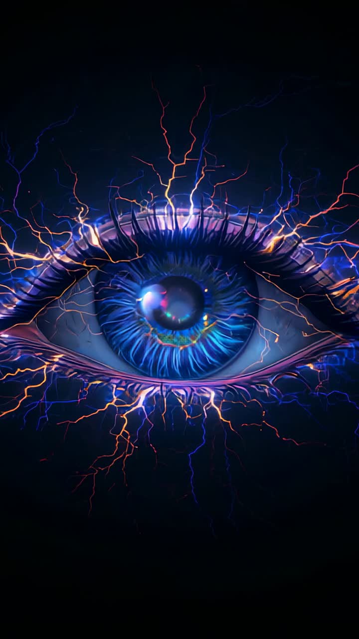 Vertical video: Stylized digital eye pulsing blue iris and orange-blue arcs, opening eyelid in void