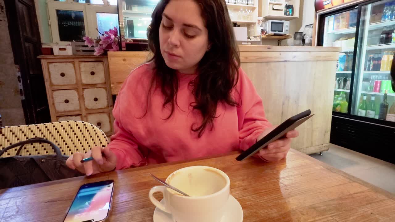 Young woman concentrating on her digital work at a coffee shop
