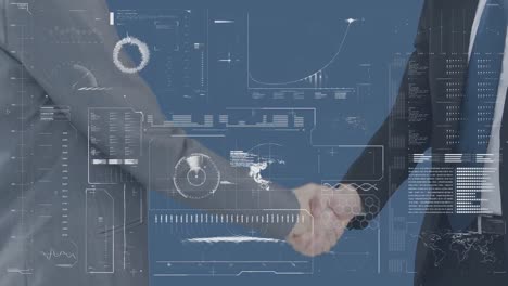 animation of financial data processing over caucasian business people shaking hands