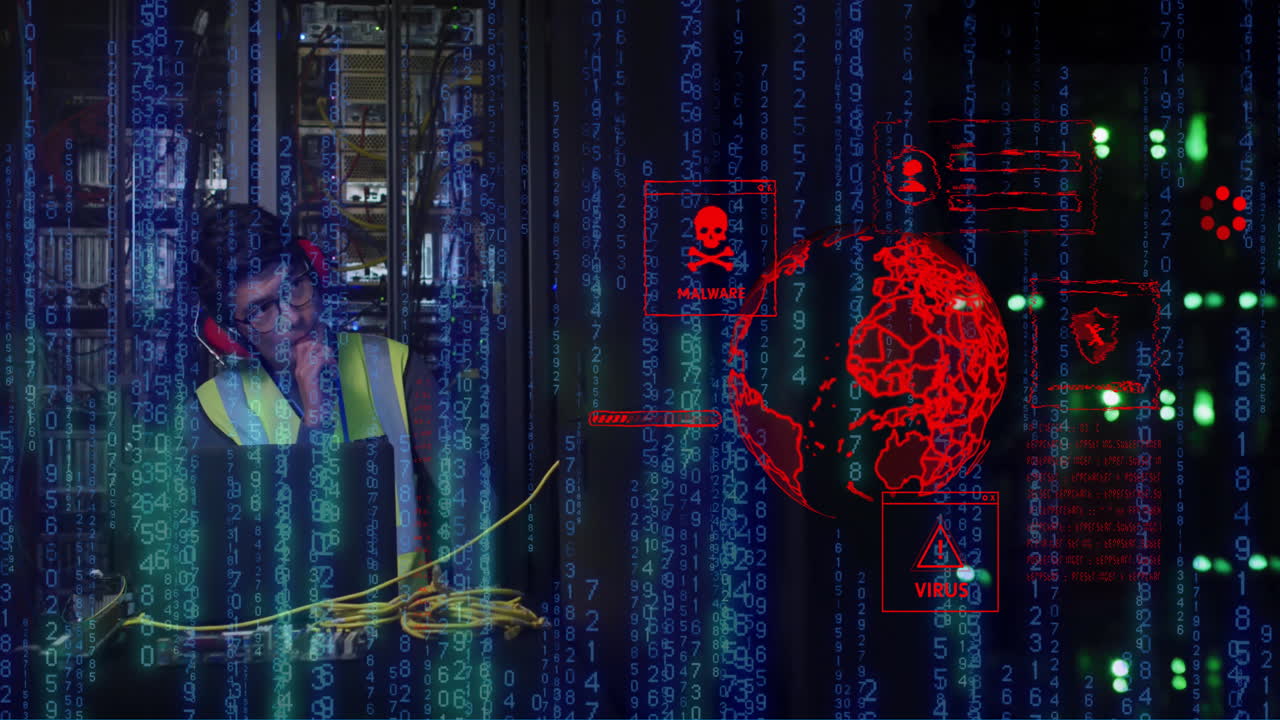 animación del globo y procesamiento de datos sobre ingeniero informático asiático y servidores informáticos