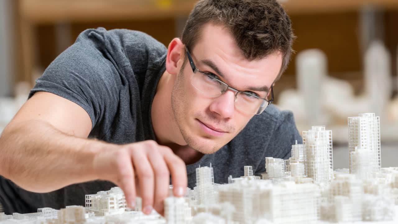 An Enthusiastic Young Designer Carefully Assembles a Miniature Urban Model, Focusing on Every Detail to Create a Realistic Cityscape with Precision and Passion