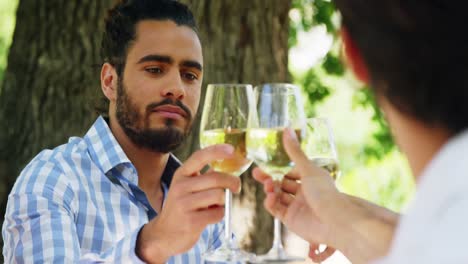 happy two couples toasting wine glasses
