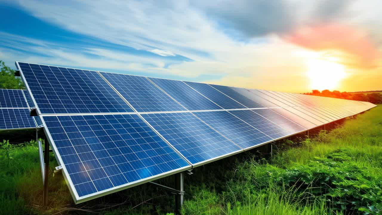 Low-angle shot of solar panels in a field at sunset, capturing the concept of renewable energy