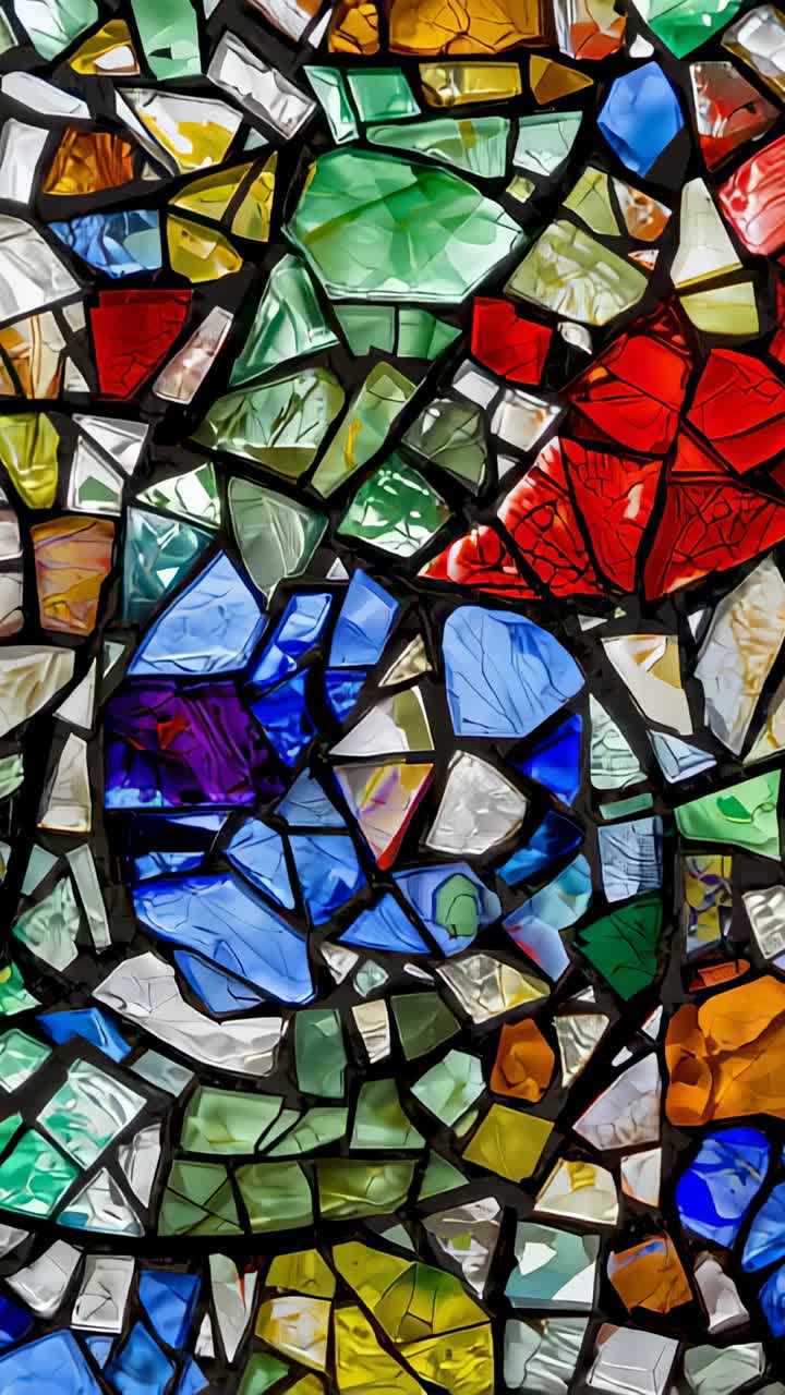 Vertical video: Showing stained-glass fragments shifting highlights under backlight with tiny frame