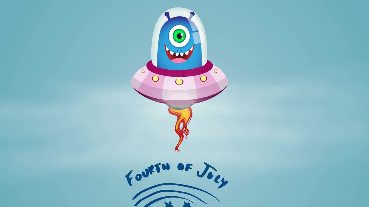 7月4日 アニメーション 笑顔のアリアンと青い背景のテキスト