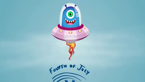 Animation-Des-Textes-Zum-Vierten-Juli-Mit-Lächelndem-Allien-Auf-Blauem-Hintergrund