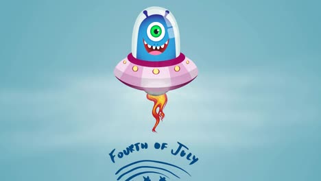 animación del texto del 4 de julio con allien sonriente sobre fondo azul
