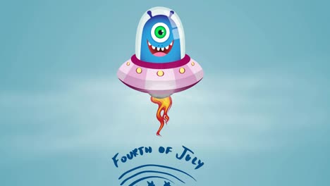 animation of fourth of july text with smiling allien over blue background