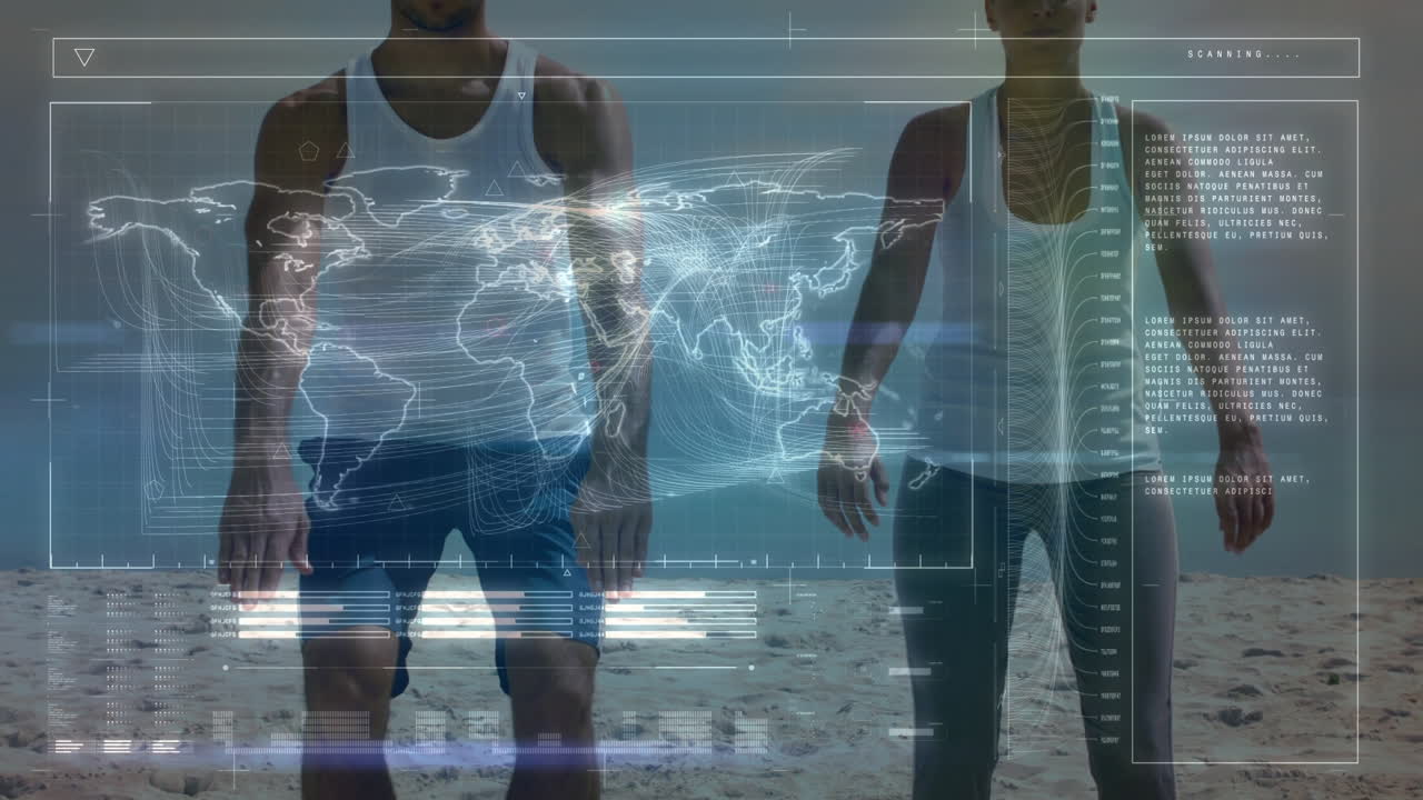 Animation of data on digital screen over caucasian man and woman exercising on beach