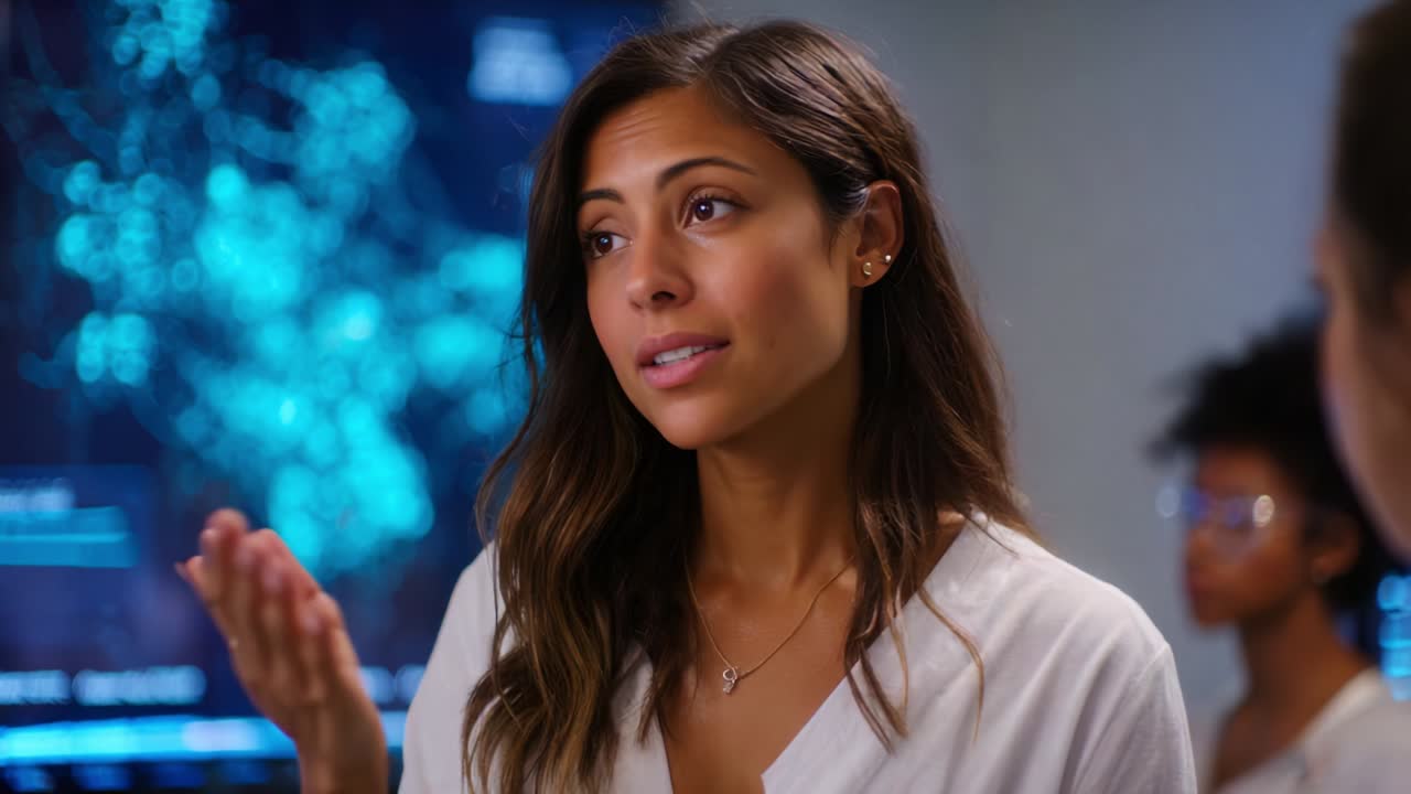 A confident professional engaging in a dynamic discussion while presenting data insights in a high-tech environment, highlighting teamwork and collaboration in a modern workspace