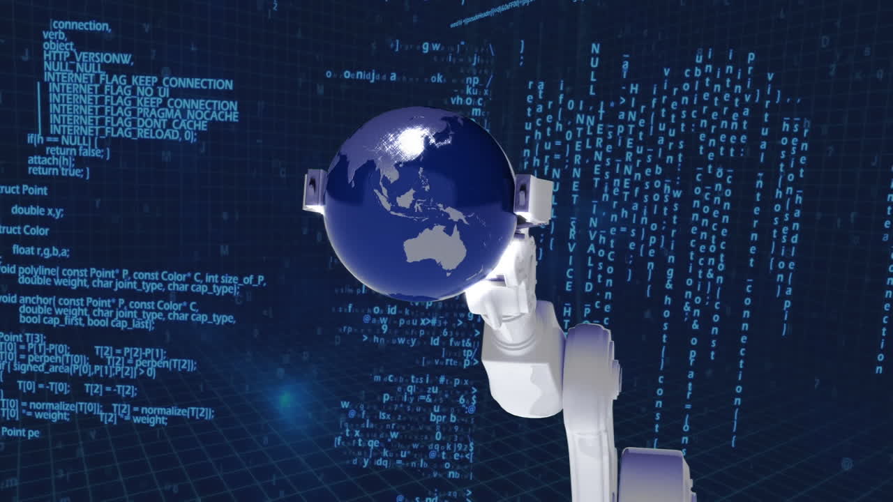 Robot arm picking up a globe with computer interface