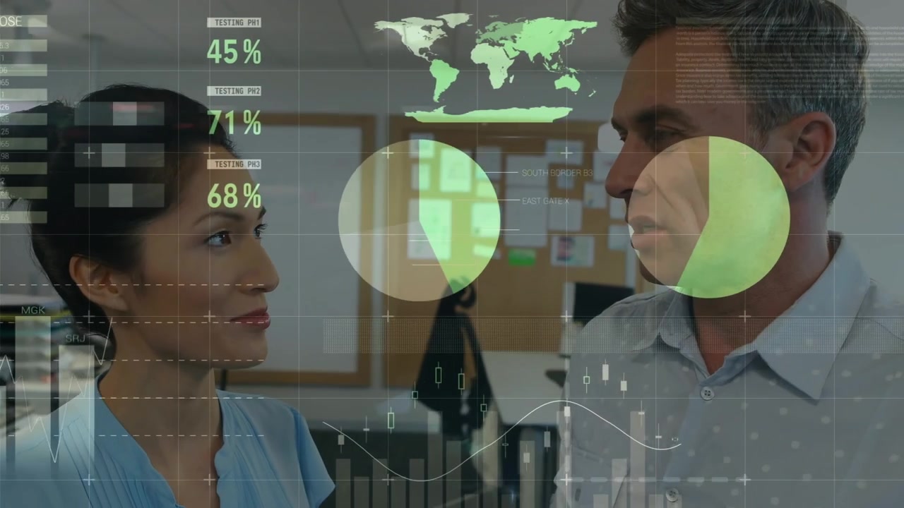 Animación del procesamiento de datos financieros sobre diversos profesionales.
